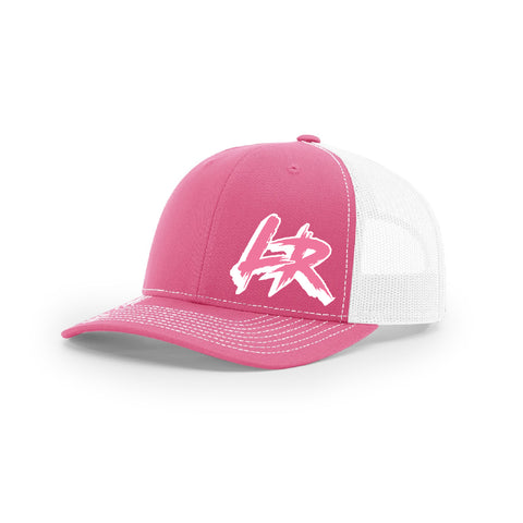 Embroidered "LR" Logo on Pink & White Trucker Hat