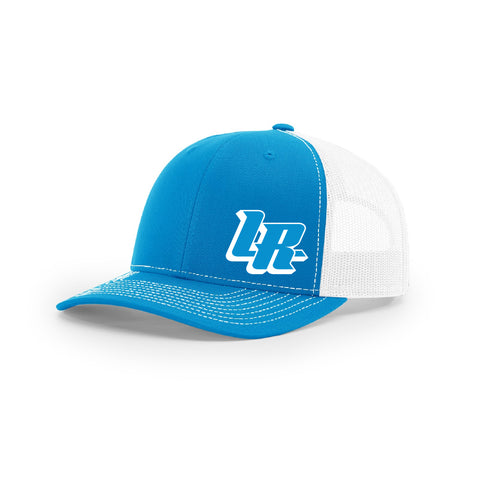 Embroidered "LR" Bold Logo on Blue & White Trucker Hat