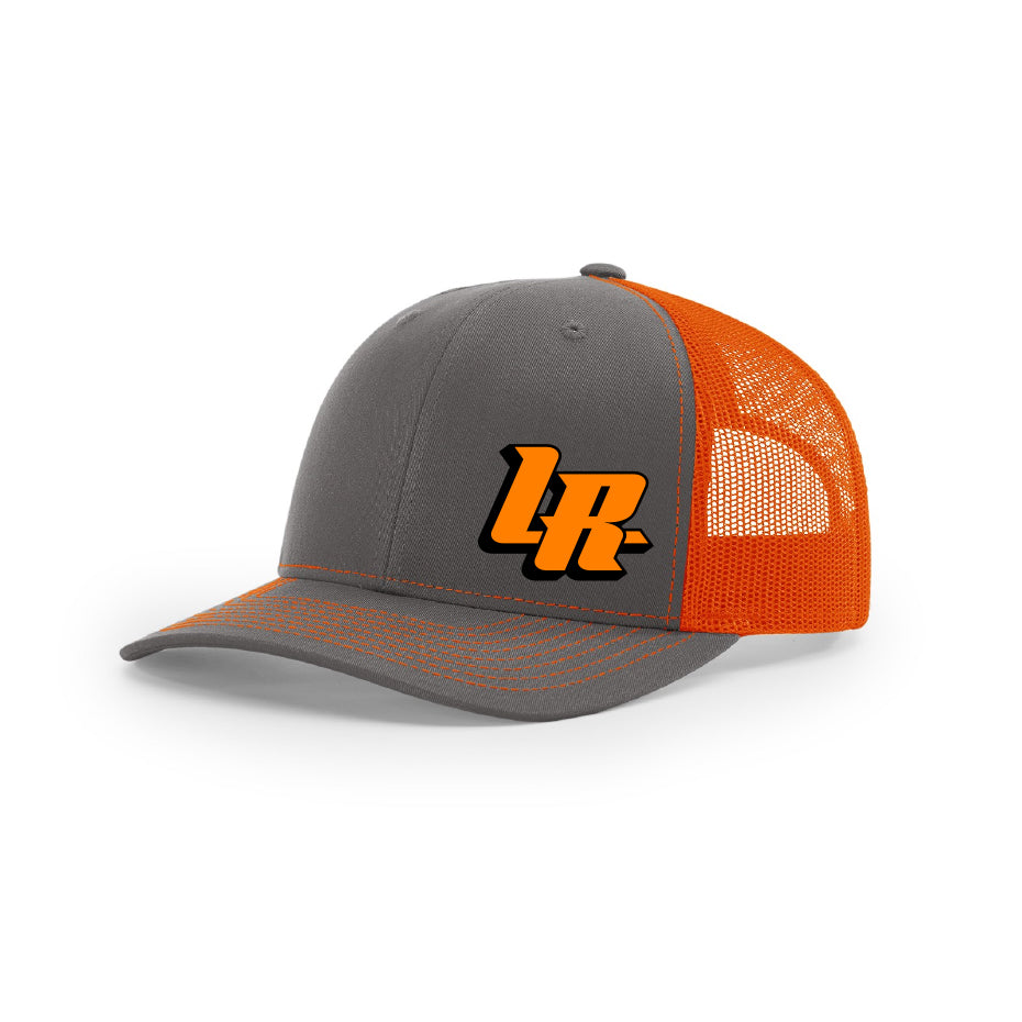 Embroidered "LR" Bold Logo on Orange & Gray Trucker Hat