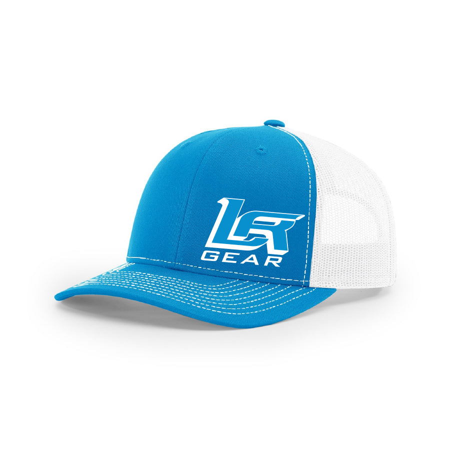 Embroidered "LR Gear" Logo on Blue & White Trucker Hat