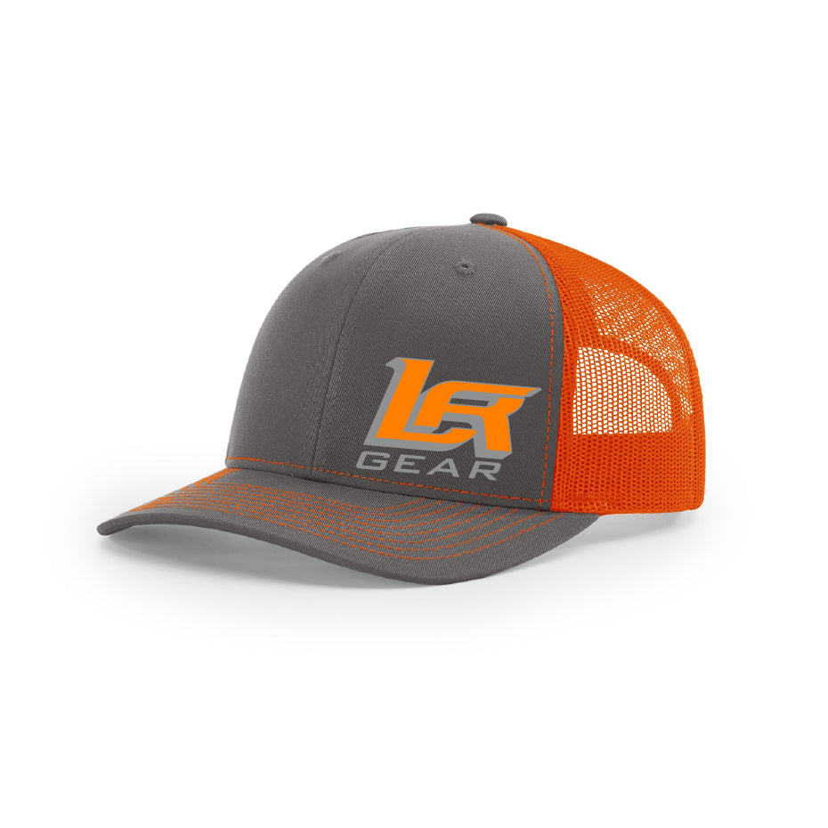 Embroidered "LR Gear" Logo on Orange & Gray Trucker Hat