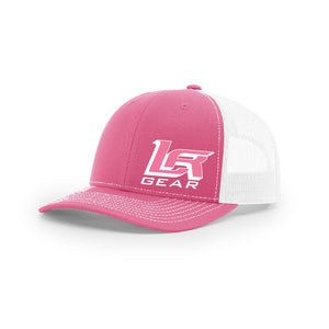 Embroidered "LR Gear" Logo on Pink & White Trucker Hat