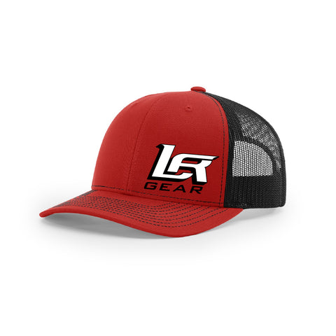 Embroidered "LR Gear" Logo on Red & Black Trucker Hat