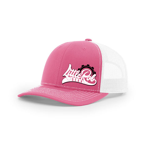 Embroidered "Little Rob Gear" Logo on Pink & White Trucker Hat