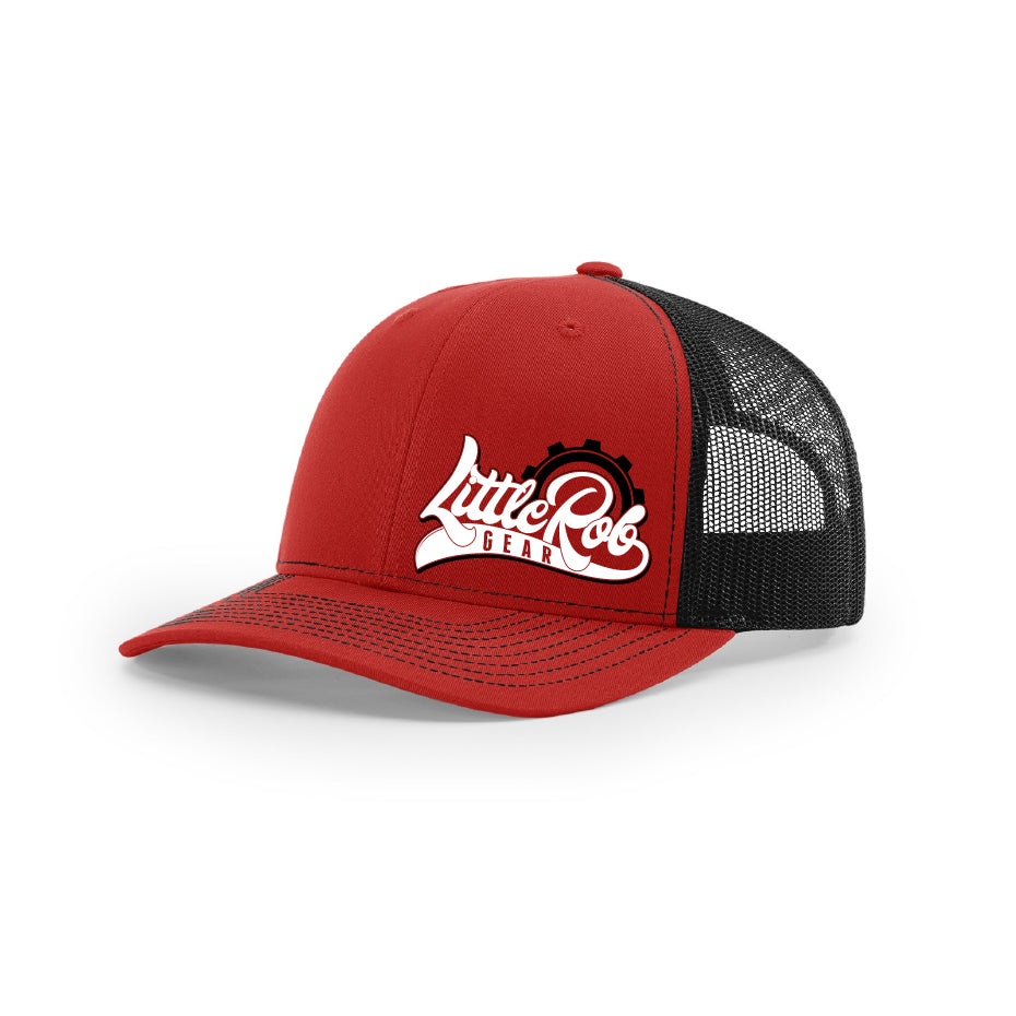 Embroidered "Little Rob Gear" Logo on Red & Black Trucker Hat